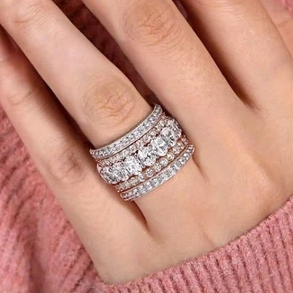Anthropologie Jewelry - Elegant Silvery & Rose Golden Stacked Diamond Band Ring